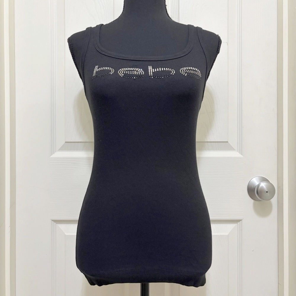 NEW Bebe Ribbed Tank Top Black Rhinestone Logo Y2K McBling XS S M USA Made 2000s